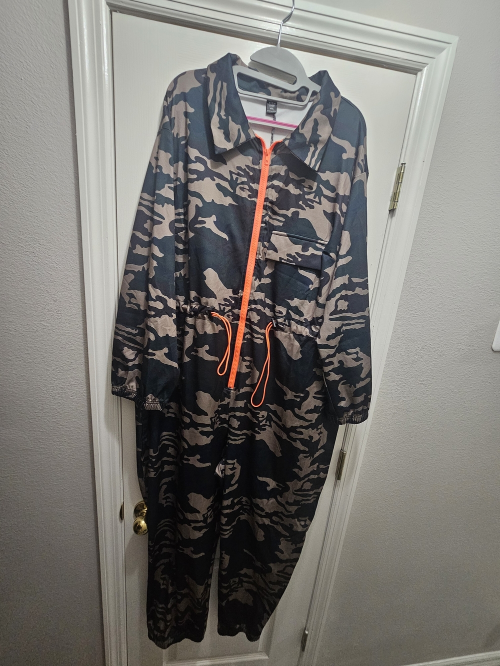 SHEIN Black & Tan Camouflage Jumpsuit with Neon Orange Zip